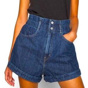 Levi’s Classic High-Waisted Paperbag Cuffed Mom Denim Jean Shorts Dark Wash Blue